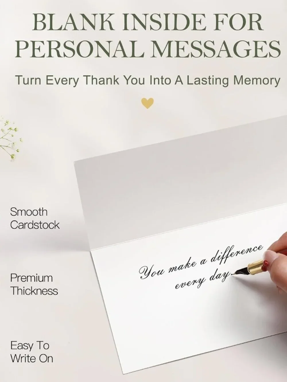 Sage Green & Pearl White Thank You Cards with Envelopes & Stickers